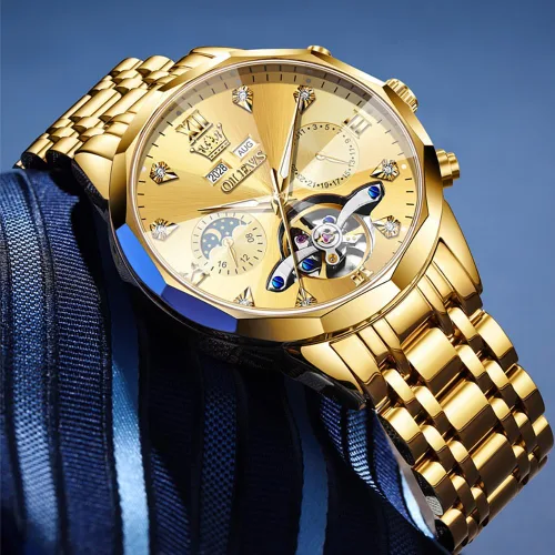 Miniatura 68 de OLEVS Reloj de pulsera automático con diseño de esqueleto para hombre, de lujo, con diamantes de lujo, de acero inoxidable, calendario, reloj