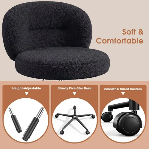 Miniatura 7 de Homkdom Silla de escritorio redonda pequeña, silla de tocador sin brazos con ruedas, altura ajustable y giratoria de 360°, bonita silla de Negro
