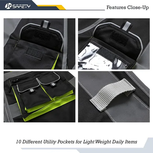 Miniatura 2 de JKSafety Chaleco de seguridad de color negro con 10 bolsillos, cremallera frontal, con tiras altamente reflectantes, cumple con las normas ANSI/ISEA
