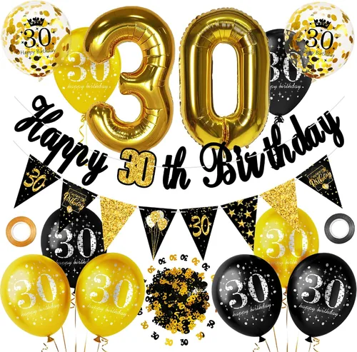 Miniatura 10 de Decoraciones de fiesta de cumpleaños número 16 para hombres y mujeres, negro y dorado, cartel de feliz cumpleaños negro y dorado, globos de feliz