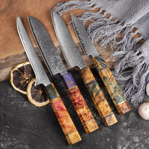 Miniatura 4 de ZZYY - Juego de 9 cuchillos japoneses de acero de Damasco con mango de madera solidificada, cuchillos Nakiri, cuchillo de chef Santoku, cuchillo
