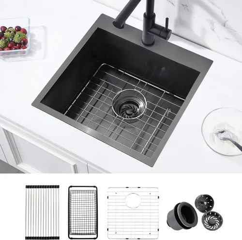Miniatura 11 de Fregadero de cocina negro 21 x 18 x 10 pulgadas, calibre 16 T304, fregadero de cocina pequeño, acero inoxidable negro, para preparación al aire