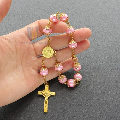 Miniatura 7 de Rosario de 12 piezas de perlas de imitación rosas para niña, recuerdo para bautizo, primera comunión, bautismo, boda, dulce 15 - Recuerdos