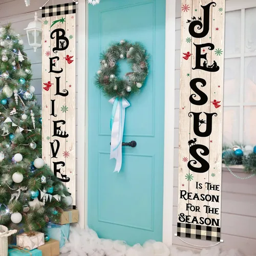 Miniatura 6 de Tiamon Cartel de Navidad para porche delantero, letrero de belén religioso de invierno, cartel colgante de vacaciones, decoración de Navidad
