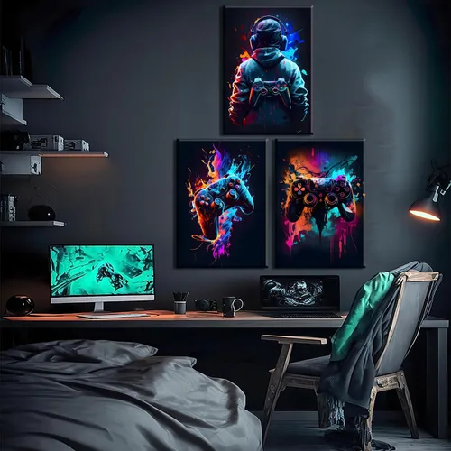 Miniatura 3 de 3 piezas de arte de pared de videojuegos geniales retro acuarela pósters cuadros coloridos neón gamepad lienzo pintura impresiones para habitación