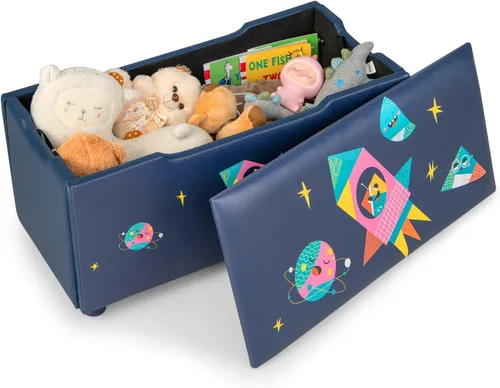 HONEY JOY Caja de juguetes de madera para niños, baúl grande 2 en 1 de almacenamiento de juguetes con asiento acolchado acolchado, asas de Azul