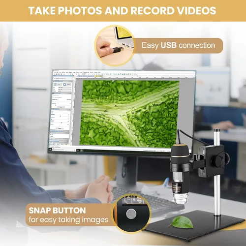 Miniatura 5 de Amscope UTP200X003MP Microscopio USB digital de 2 MP, aumento 10X-200X, fuente de luz LED incorporada, soporte de mesa, incluye CD de software, negro