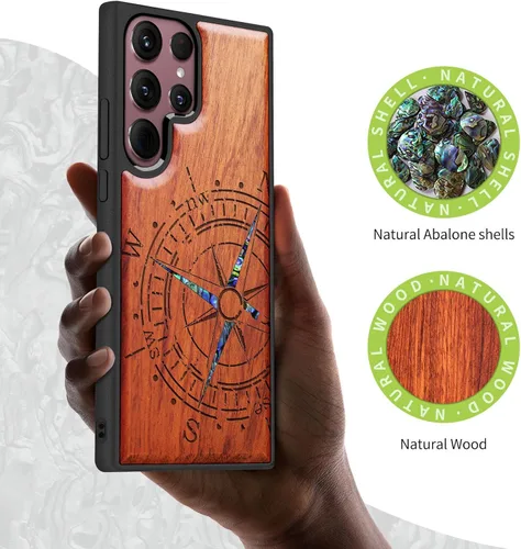 Miniatura 2 de Carveit Funda de madera de diseñador para Samsung Galaxy S22 Ultra [grabado de madera e incrustaciones de carcasa] Diseño único de madera anticaídas