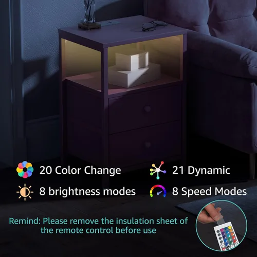 Miniatura 15 de BOLUO Mesita de noche blanca con estación de carga, mesa de noche LED con 2 cajones de tela, mesa auxiliar con puertos USB y tomas de corriente