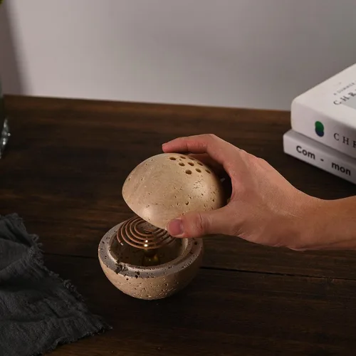 Miniatura 8 de Soporte de cono de incienso de travertino natural, hecho a mano, quemador de incienso de esfera de piedra para meditación, yoga, decoración