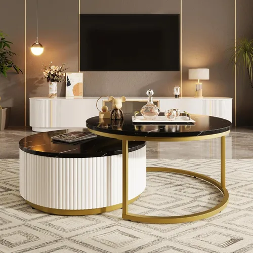 Miniatura 7 de Moderna mesa de centro redonda anidable acanalada con cajón en negro y dorado en 27.6 pulgadas
