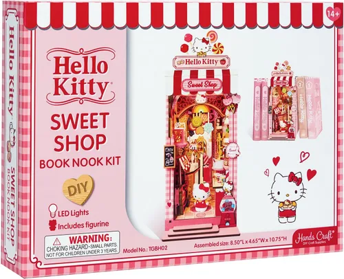Miniatura 3 de Hands Craft Hello Kitty Sweet Shop - Kit de rincón de libro – Inserto de estante en miniatura oficial de Sanrio DIY con LED táctil, rompecabezas 3D