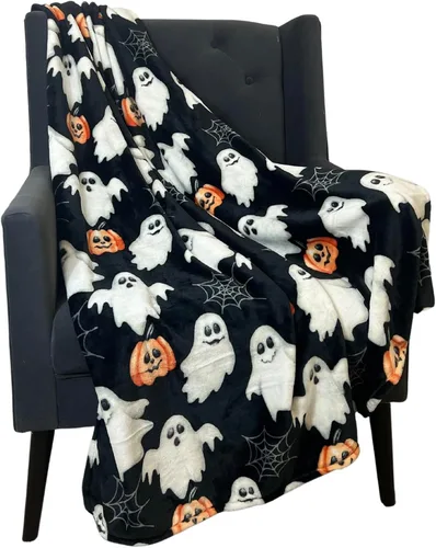 Manta de Halloween: Jack O Lantern, calabazas, fantasmas blancos y telarañas en suave forro polar de terciopelo negro para sofá, sillas y cama Ghost