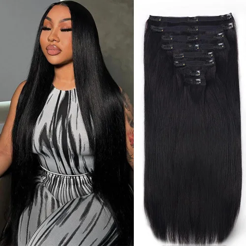 Miniatura 50 de Extensiones de cabello humano real con clip, 8 unidades, cabello humano Remy liso de seda suave natural, 4.23 oz, 20 pulgadas, negro natural #1B, 8