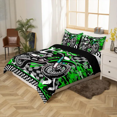 Miniatura 3 de Juego de funda de edredón verde fluorescente para motocross, juego de ropa de cama para deportes extremos para niños y niñas, funda de edredón