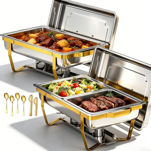 Juego de 2 platos de 9 cuartos de galón para bufé, calentadores de alimentos de acero inoxidable dorado con utensilios de servir, soporte plegable,
