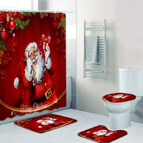Miniatura 18 de Juego de 4 cortinas de ducha con alfombra antideslizante, cubierta para tapa de inodoro y tapete de baño, cortina de ducha de Papá Noel con 12