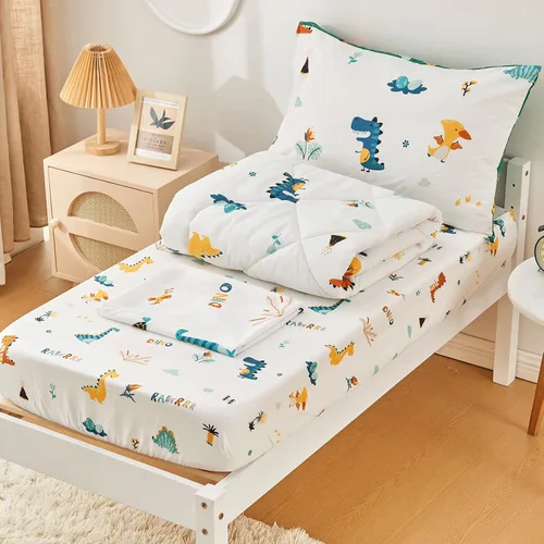 Miniatura 9 de beeweed Juego de ropa de cama de dinosaurio de 4 piezas para niños y niñas, diseño de 2 lados, incluye 1 edredón, 1 sábana bajera, 1 sábana encimera