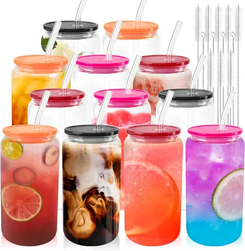Miniatura 12 de Joyclub 4 vasos de vidrio con tapas y pajitas acrílicas, tazas de café helado de vidrio de 16 onzas con tapas y pajitas, lindos vasos para beber