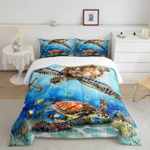 Miniatura 15 de Erosebridal Juego de edredón de ballena náutica, tamaño individual, juego de ropa de cama vintage azul con ondas oceánicas para niños y niñas