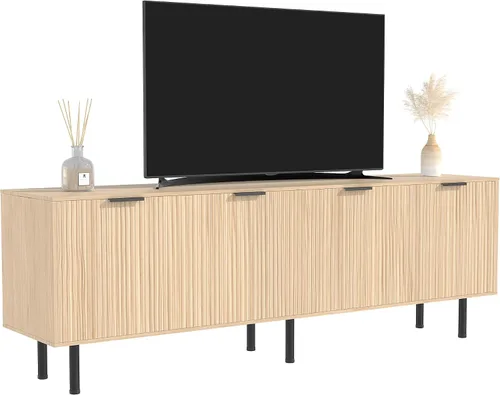 Miniatura 11 de Soporte de TV para TV de 80 pulgadas, soporte de TV acanalado para sala de estar, soporte de TV moderno de mediados de siglo con estante ajustable