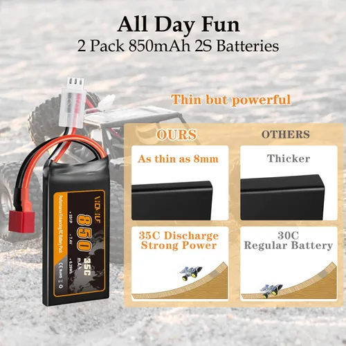 Miniatura 5 de Batería Lipo de 7.4V Super Thin 2S 850mAh RC Batería con Dean-Style T Plug 35C Alta tasa de descarga recargable Ajuste para DEERC WLtoys HBX Most