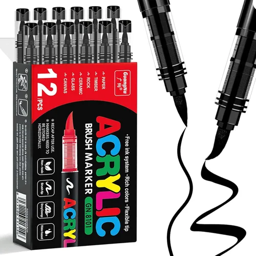 Surcotto 12 marcadores de pintura acrílica negra, marcadores de pintura acrílica con punta de pincel suave, marcadores acrílicos impermeables de