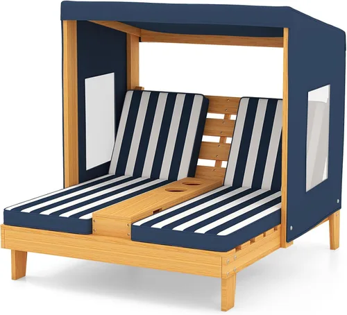 Miniatura 10 de COSTWAY Tumbona doble para niños al aire libre, silla de patio de 2 asientos con portavasos y cojines, silla de playa para niños con toldo, muebles