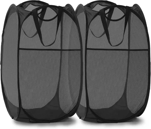 TECHMILLY Cesta plegable de malla para la ropa sucia con asas resistentes y bolsillo lateral, cestas plegables portátiles para ropa para dormitorio,