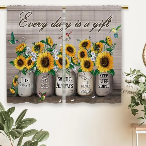 Miniatura 6 de Cortinas de Cocina de Girasol Estilo Granja, Cortinas de Ventana Cortas Pequeñas de Café con Flores Rústicas Florales del Campo, Cortinas de Ventana