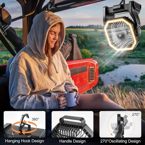 Miniatura 5 de Odoland Ventilador de campamento recargable, ventiladores de batería de 20000 mAh con linterna LED para tienda de campaña, auto, tormenta de playa