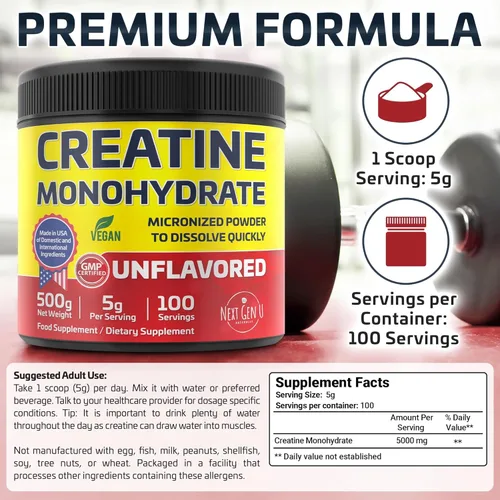 Miniatura 2 de NextGenU - Monohidrato de creatina vegana en polvo, 5000 mg por porción, 17.64 oz / 1.1 libras, suplemento alimenticio puro micronizado sin sabor