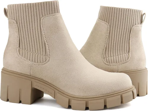 Miniatura 3 de JABASIC Botas de tobillo gruesas para mujer, botas Chelsea elásticas