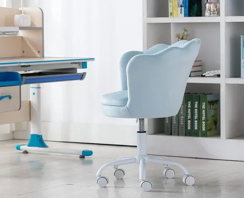 Miniatura 9 de chairus Linda silla de escritorio para niños, de terciopelo, para sala de estar, silla tapizada para adolescentes con respaldo de concha, silla Azul