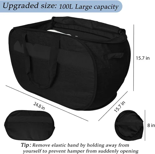 Miniatura 3 de Cesta de lavandería desplegable de malla extra grande de 100 litros con tapa y asas, paquete de 2, cesta de ropa sucia plegable XL