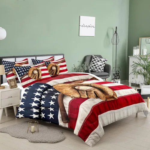 Miniatura 2 de Juego de edredón de béisbol Bodhi individual para niños, juego de edredón individual con bandera americana, juego de ropa de cama deportiva