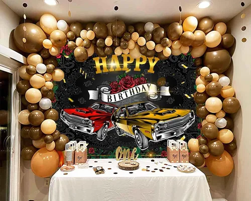 Miniatura 4 de Telón de fondo retro para automóvil de 9 x 6 pies para fiesta de cumpleaños, fiesta temática de los años 50, suministros de decoración de fiesta