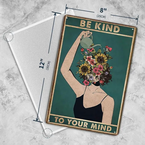 Letrero de metal vintage con texto en inglés "Be Kind to Your Mind", decoración de pared retro, divertido letrero de decoración de pared retro de 12