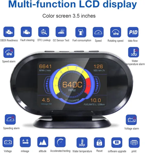 Miniatura 5 de KW206 - Medidor digital OBD2 HUD para automóvil + escáner de motor OBD II todo en uno, velocímetro OBD inteligente, velocímetro OBD, temperatura