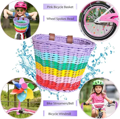 Miniatura 4 de Cesta de bicicleta para niñas, cesta de bicicleta ajustable para manillar delantero con serpentinas de bicicleta, juego de campana/molino de viento
