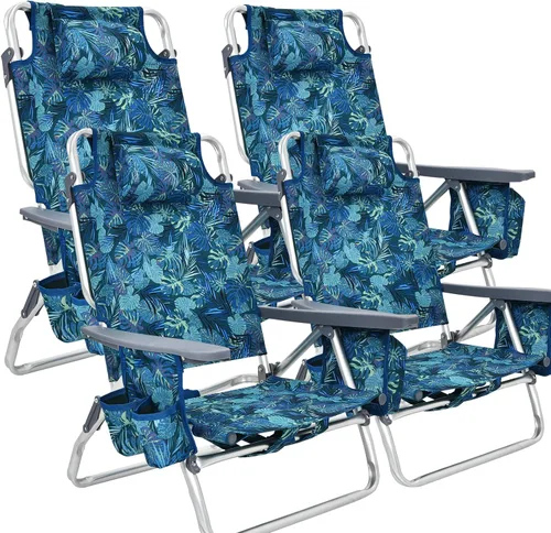 Miniatura 19 de Goplus Silla de playa, mochila plegable para adultos, sillas de playa con posiciones ajustables, almohada para la cabeza, bolsa refrigeradora