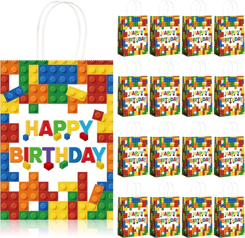 Marspark 16 bolsas de regalo de bloque de construcción para fiestas, ladrillos de color, papel kraft con asa para cumpleaños, baby shower, bloques