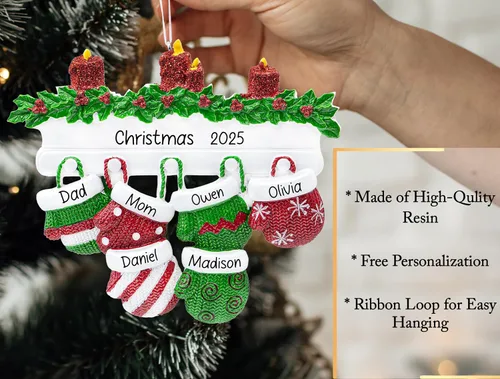 Miniatura 3 de Adorno de Navidad personalizado para familia de 6 miembros 2026 Manoplas con velas con purpurina en la decoración del árbol de Navidad del manto