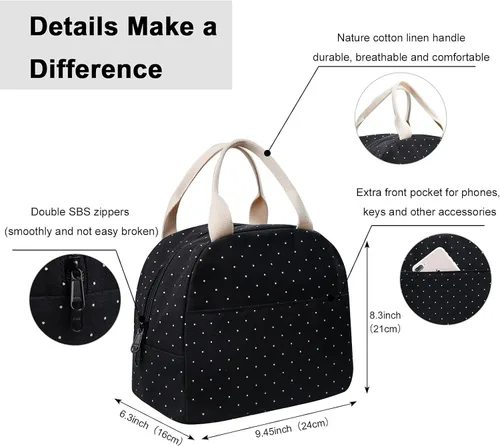 Miniatura 2 de EurCross Bolsa de almuerzo negra compacta mejorada para niñas y mujeres, de lona, reutilizable, aislada, con lunares, bolsa de almuerzo