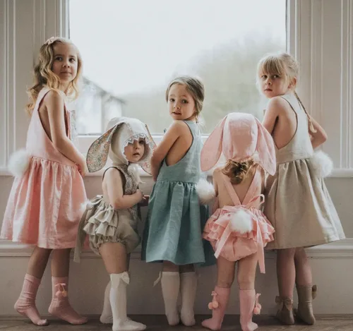 Miniatura 3 de Traje de Pascua para bebé niña, overol vintage y orejas de conejo, vestido de hermana con cola
