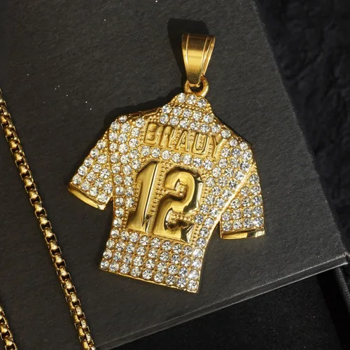 Miniatura 5 de LOK68 Collar con colgante de jersey de fútbol americano helado para hombres y niños, número 7número 10número 12número 23 cuello de jersey, hiphop