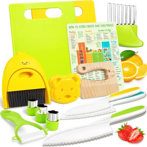 Miniatura 10 de Suhctuptx Juego de cuchillos para niños pequeños, juego de cuchillos para cocina real, cuchillos seguros para niños con tabla de cortar, cortadores