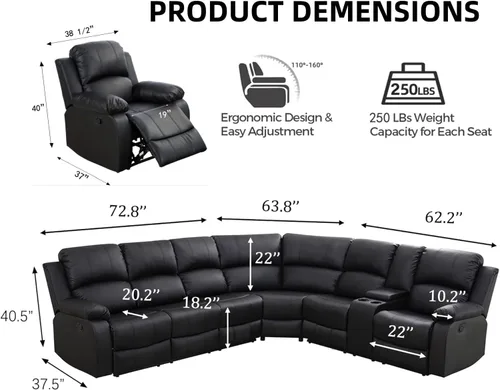 Miniatura 2 de Juego de sofá seccional reclinable manual, juegos de muebles de sala de estar de cuero regenerado en forma de L, sofá de esquina seccional
