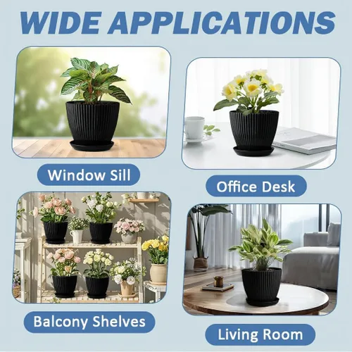 Miniatura 5 de RooTrimmer Macetas de Plástico Engrosado Negro de 7.5 Pulgadas con Platillos, Paquete de 6 Maceteros Modernos para Plántulas para Plantas