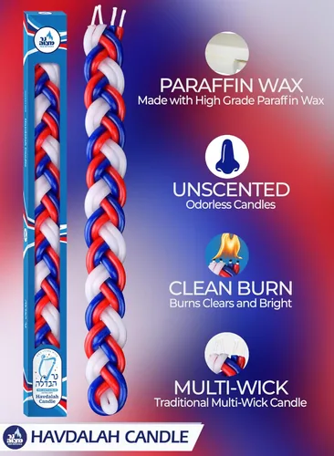 Miniatura 2 de Ner Mitzvah Vela Havdalah trenzada – Vela Havdallah grande de cera de parafina roja, azul y blanca hecha a mano – Regalo de Shabat Judaica